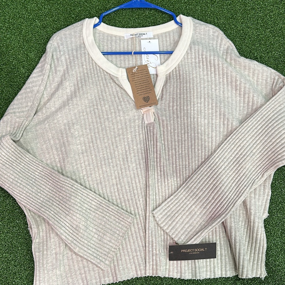 Project Social T Beige Ribbed Cardigan